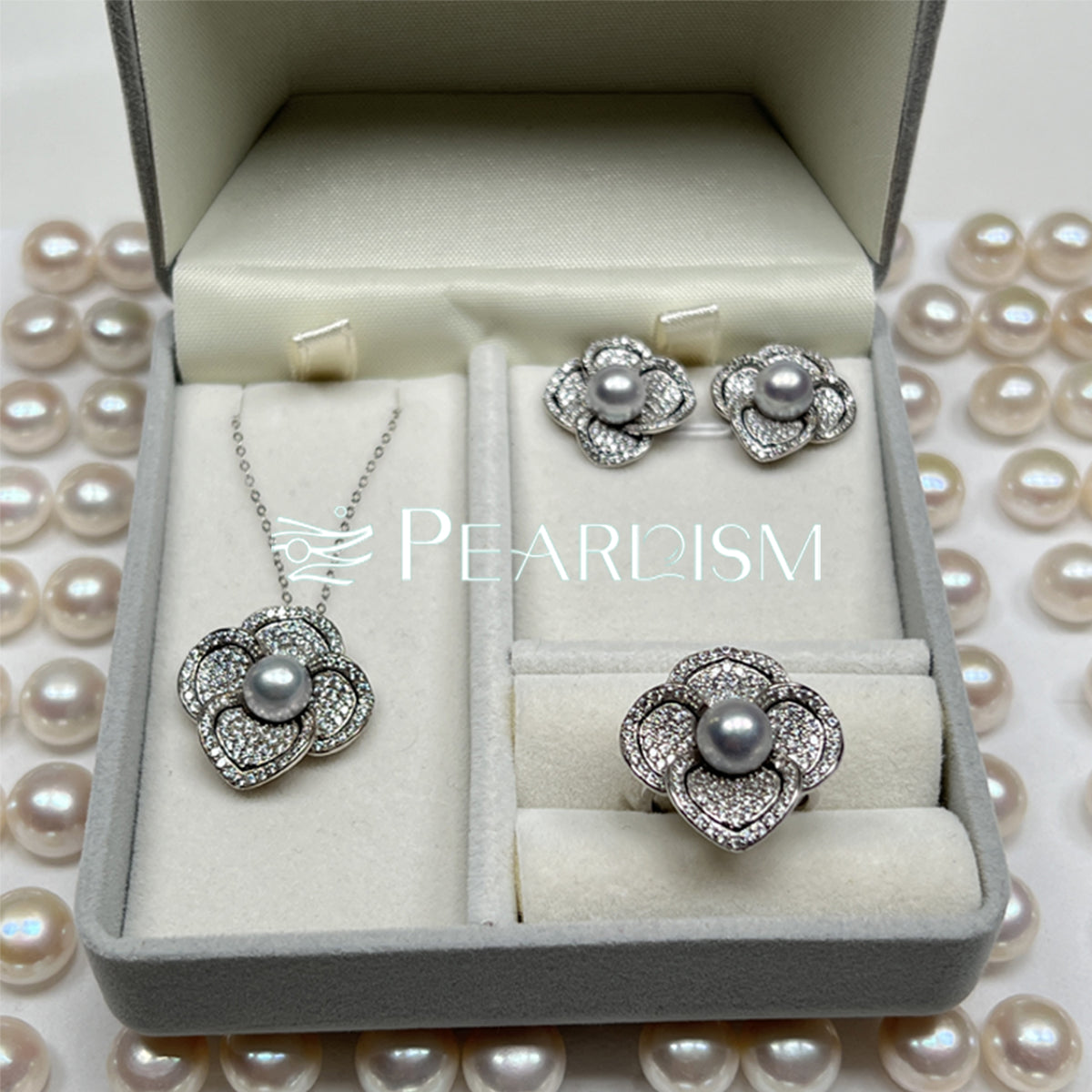 Madama S925 Silver Flower Shape Pearl Earrings&Necklace&Ring Set Jewelry Three Piece Set Mother's Day Gift